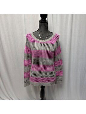ANA Striped Open Knit Sweater Womens Size Medium Pink Gray Long Sleeve